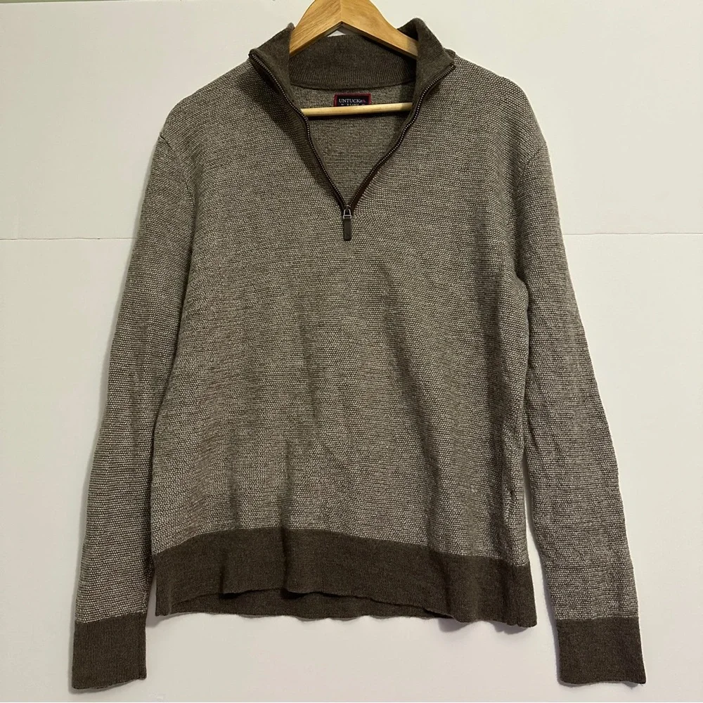 UNTUCKit Belguardo Quarter Zip Men‎ XL Brown Merino Wool Jacquard Sweater 41312